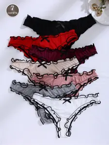 Women's Bow Lace Trim Comfortable Thong Panties, 7 Piece Set, Soft and Breathable Underwear, Perfect for Daily Wear