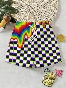 Trendy Boys' Chessboard Rainbow Melted 3D Beach Shorts, Dopa Wind Vacation Shorts, Outdoor Wear, Holiday Gift, Birthday Present, Swim Trunks