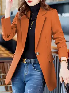 Elegant Women's Solid Color Single Button Formal Blazer Jacket, Spring & Fall Professional Wear, Essential for Ladies' Wardrobe