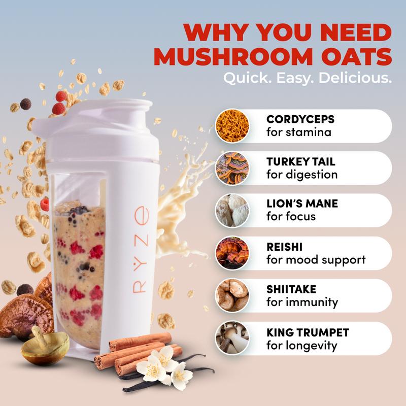 RYZE Mushroom Overnight Oats, Oatmeal with 6 Adaptogenic Mushrooms and 20g Grass-Fed Whey Protein & Chia Seeds, Turkey Tail, Shiitake, Lion's Mane, Reishi, Cordyceps, Healthy Breakfast, 14 servings