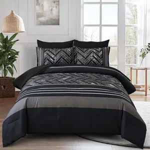 Black Comforter Set  Size, 7 count Stripe Geometric Bed in a Bag, Geometric Comforter and Sheet Set, Soft Microfiber Complete Bedding Sets for All Seasons