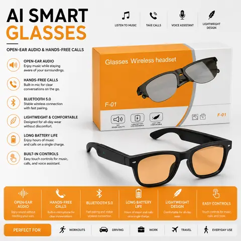 Wearable Tech AI Smart Glasses - Phone-Connected Wireless Audio Eyewear with Open-Ear Clarity, Bluetooth Integration, Built-In Controls, Tech-Inspired Frame, Hands-Free Voice Calls, Auxiliary Input for Hiking, Work