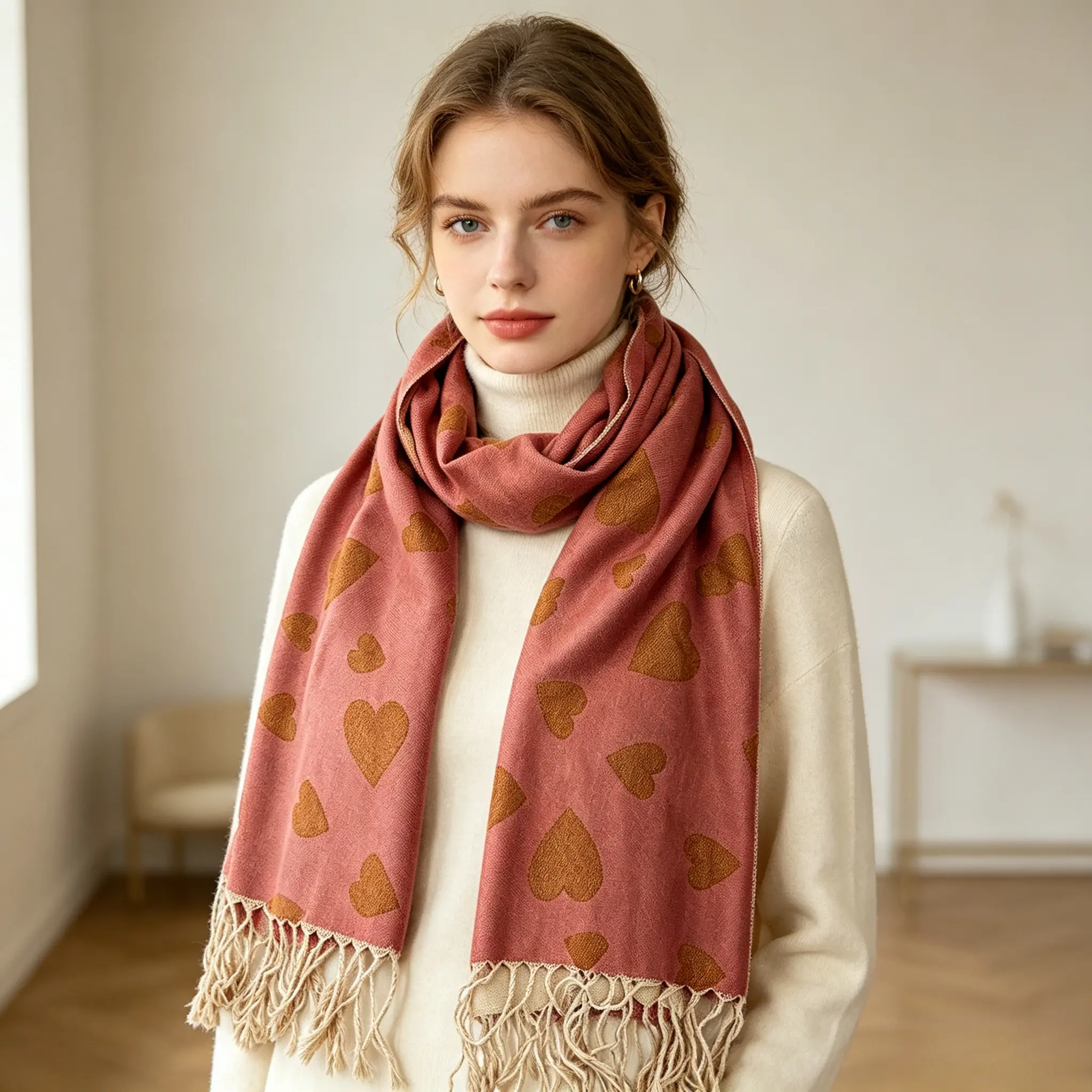 Women’s Large Size Graphic Heart Printed Fringe Edges Lightweight Pashmina-Style Winter Scarf - Soft, Cozy, Warm Scarf Style Shawl Wrap for Daily Wear, Anniversary, Christmas, Rectangular, Cashmere-Like, Birthday, Casual, All Seasons, Evening, Clothes, Ev