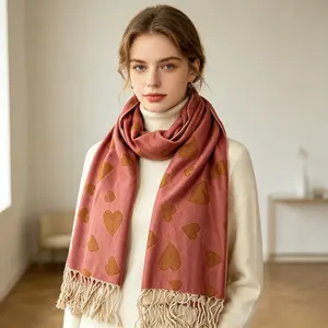 Women’s Heart Printed Fringe Winter Scarf, Soft Cozy Warm Lightweight Pashmina Style Shawl Wrap for Daily Wear