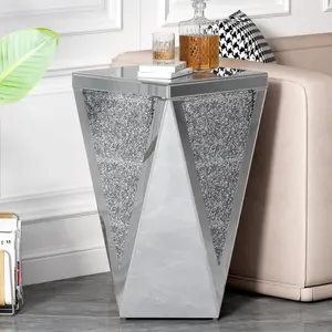 13.8'' Silver Square Mirrored End Table, Modern Side Table with Crushed Diamond for Living Room, No Assembly Required Coffee table, Bedside Nightstand