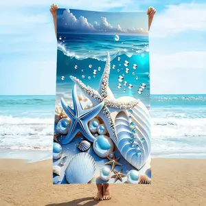1pc Pack, Microfiber, Ocean Seashell and Starfish Pattern Beach Towel, Quick-Dry Microfiber, Strong Wrap Design, Suitable for Beach and Pool Use, Beach