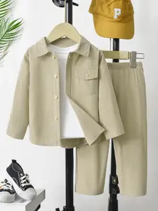 Two-piece Set Boy's Solid Button Front Pocket Shirt & Pants Set without Inner Top, Casual Spring & Fall Outfits for Kids, Little Boys Clothes for Daily Wear, Clothing Set