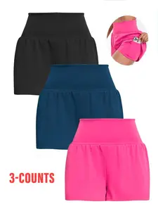 Women's Solid Color Pocket Sports Shorts, Comfy Breathable 2 in 1 Shorts for Yoga Gym Workout Running, Ladies Sportswear for All Seasons
