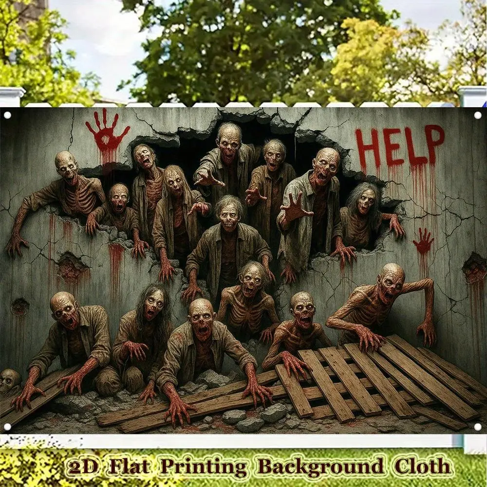 1-Piece Polyester 2D Flat Spooky Halloween Banner - Printed Zombie Breakout Horror Art, Gothic Party Decoration, Skeleton-Clown-Witch Photography Backdrop
