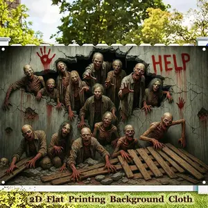 1pc 2D Flat Banner, , Zombie Breakout Horror Scene, Halloween Gothic Horror Party Banner, Horror Skeleton&Clown&Witch Photography Background, for Crime Scene Party, Zombie Event Decor, Haunted house Atmosphere Ornaments