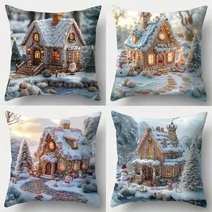 4pcs, Contemporary Christmas Theme Throw Pillow Covers, Festive Gingerbread House Print Pattern, Home Décor Products, Cushion Cover Decoration for Couch Sofa, Room Decor and Bedroom Decor, Single Sided Printing, No Pillow Core