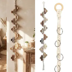 Thenshop 2 Pcs Macrame Hair Claw Clip Organizer with Rotating Wood Hook 20 Metal Rings Hanging Hair Clip Holder for Women Girl Boho Claw Clips Storage Decor for Home Wall Door Closet