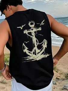 Vintage Anchor & Seagull Graphic Tank Top - Nautical Beach Sleeveless Shirt