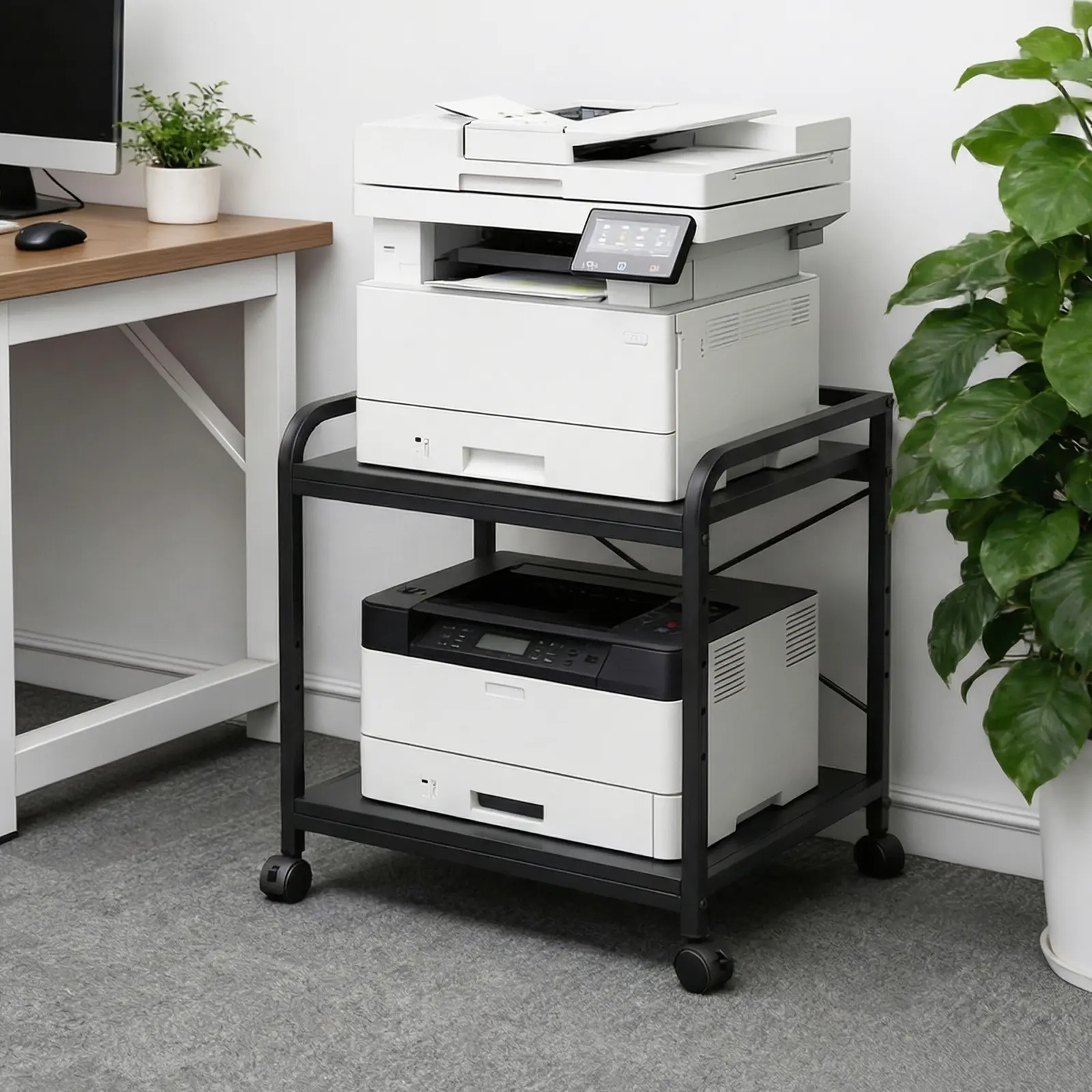 2-Tier Large Printer Stand, 20 Inches Deep Under Desk Printer Table with Height Adjustable Shelf, Rolling Printer Cart with Wheels for Home Office Storage - Black/White