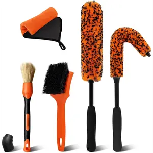 5PCS Car Wheel Cleaning Kit, 2-Size Bendable Wheel Brush Set, Scratch-Free Rim Cleaner Brush, Tire Brush and Car Detailing Brush with Microfiber Towel for All Wheel Types Long Handle Car Wash Brush Kit