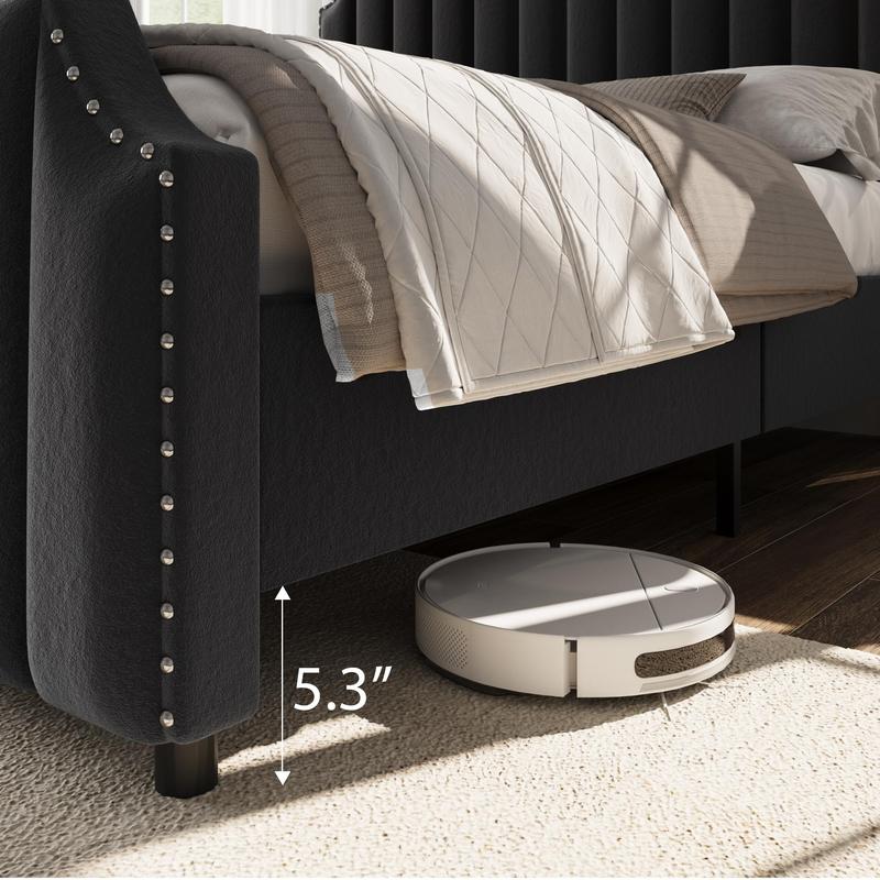 Queen Size Platform Bed Frame with 50.2" Headboard, Velvet Upholstered Bed Frame Queen with Vertical Channel Tufted Headboard & Footboard, Nailhead Trim, No Box Spring Needed, Cream