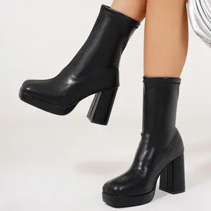 Women's High Heel Boots Square Toe Boots Chunky Block Heels Platform Ankle Boots Mid Calf Boot Booties