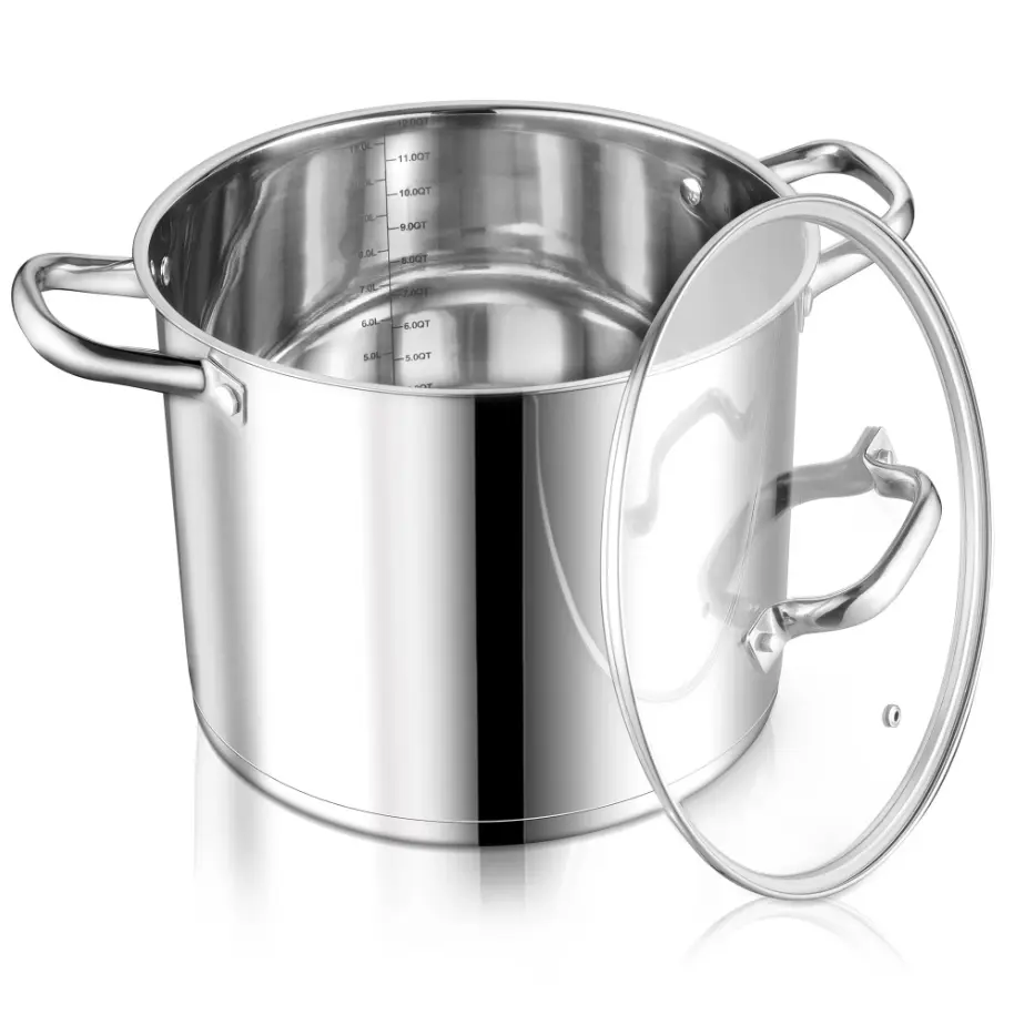 12 QT Stainless Steel Stock Pot with Glass Lid, Heavy-Duty Food-Grade Cookware for Stewing, Simmering, Tri-Ply Bottom Compatible with Induction, Gas, Electric Stoves