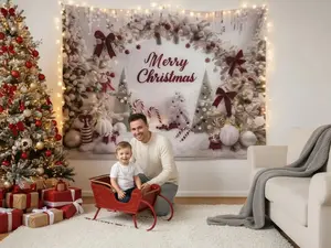Summervibes 1pc Plain Festive 2D Flat Christmas Banner, Polyester Backdrop with Candy Cane, Silvery Tinsel, White Snowy Arch, Trees, Balloons, No-Power-Required Ornaments for Living Room, Outdoor Party Decor