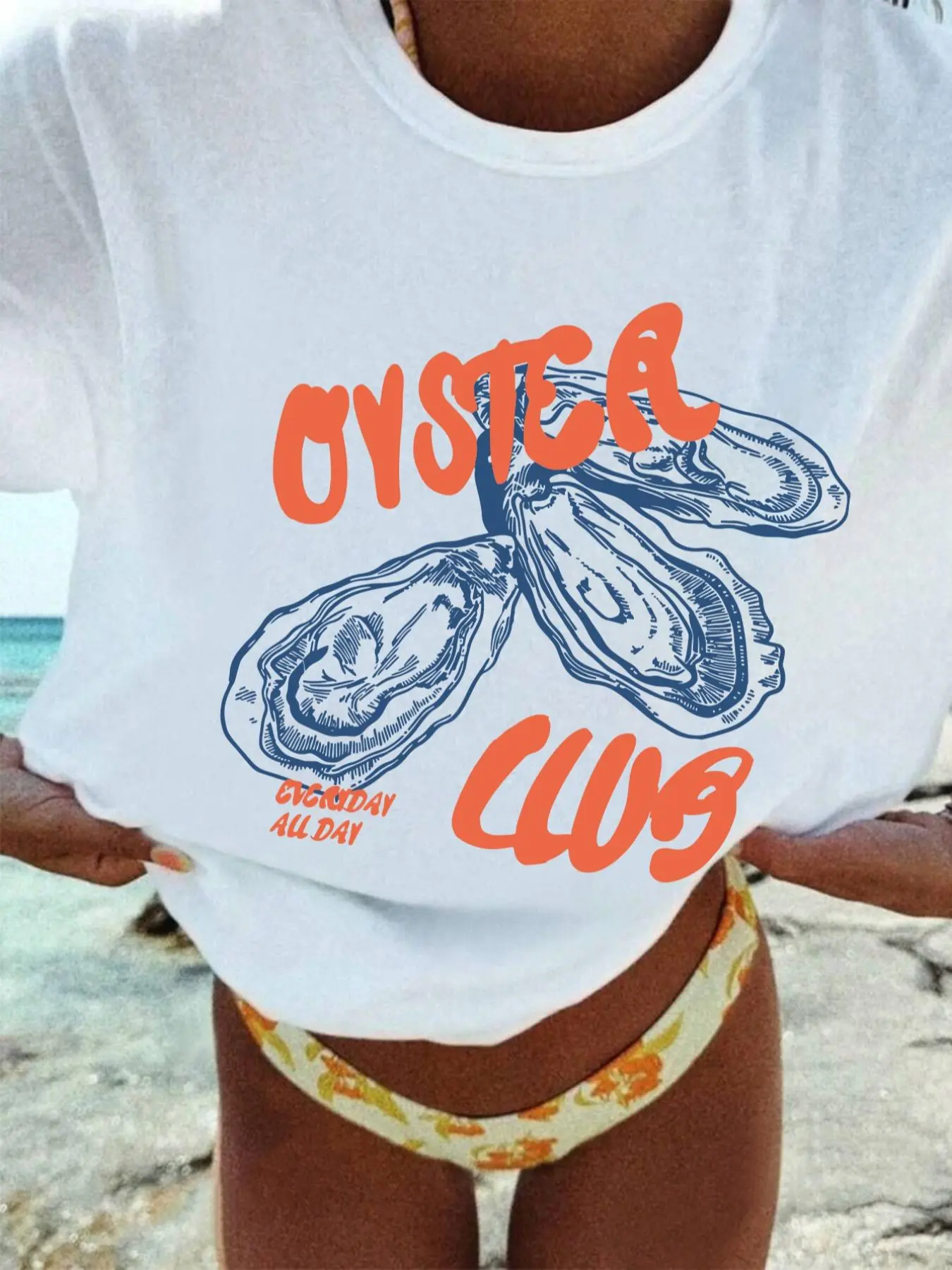 Women's Oyster & Letter Print Round Neck Tee, Vintage Trendy Casual Short Sleeve T-shirt for Daily Wear, Ladies Summer, Top