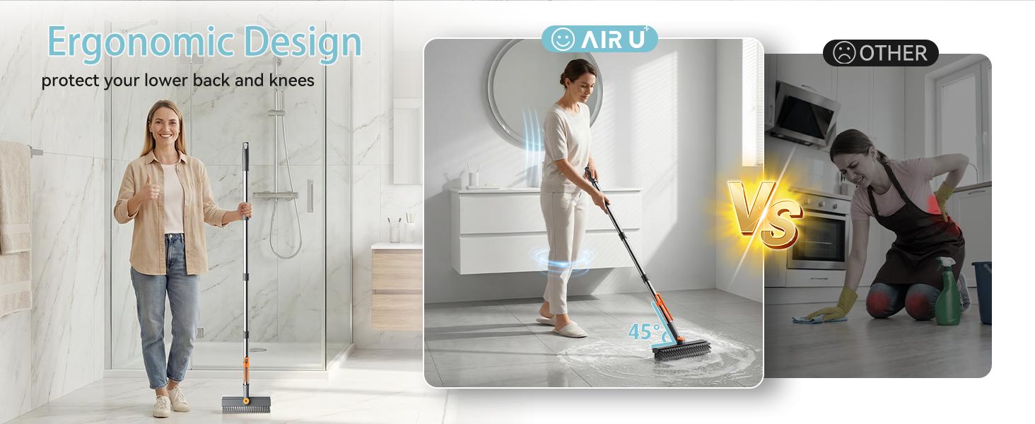AIR U 3-in-1 Floor Scrub Bathtub Brush with Long Handle, Double-Sided, Heavy-Duty Stiff Bristles & Squeegee – Scrape & Scrub for Shower, Bathroom, Patio, Garage, Kitchen, Wall & Deck – Home Cleaning Essentials