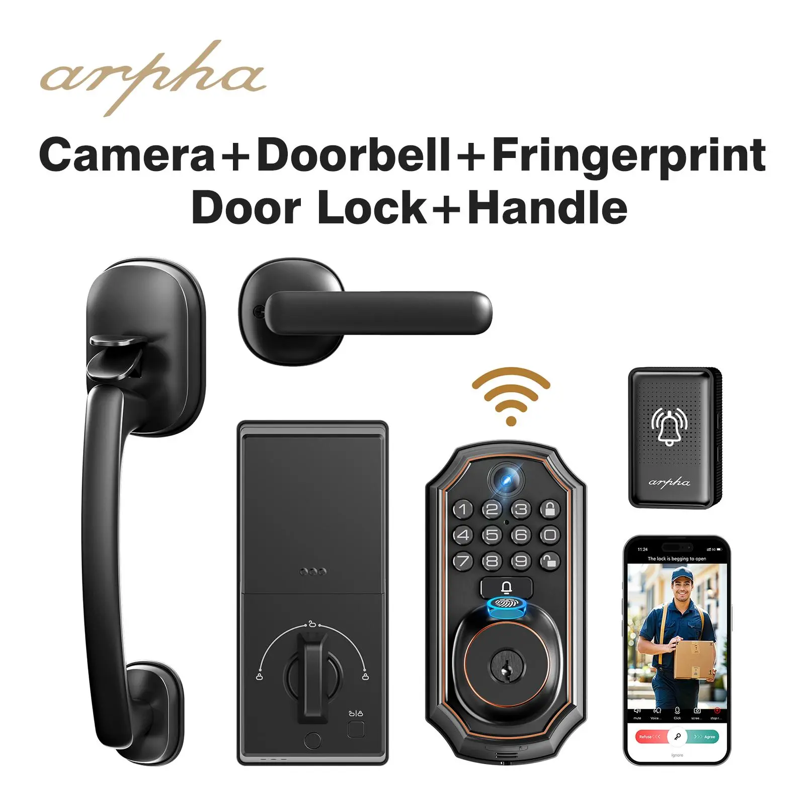 Arpha D289 Keyless Entry Deadbolt - WiFi Video Smart Lock with Camera, 5-in-1 (Camera+Doorbell+Fingerprint+Keypad), App Control, Two-Way Audio, Waterproof, Easy Installation，Only supports 2.4GHz WiFi