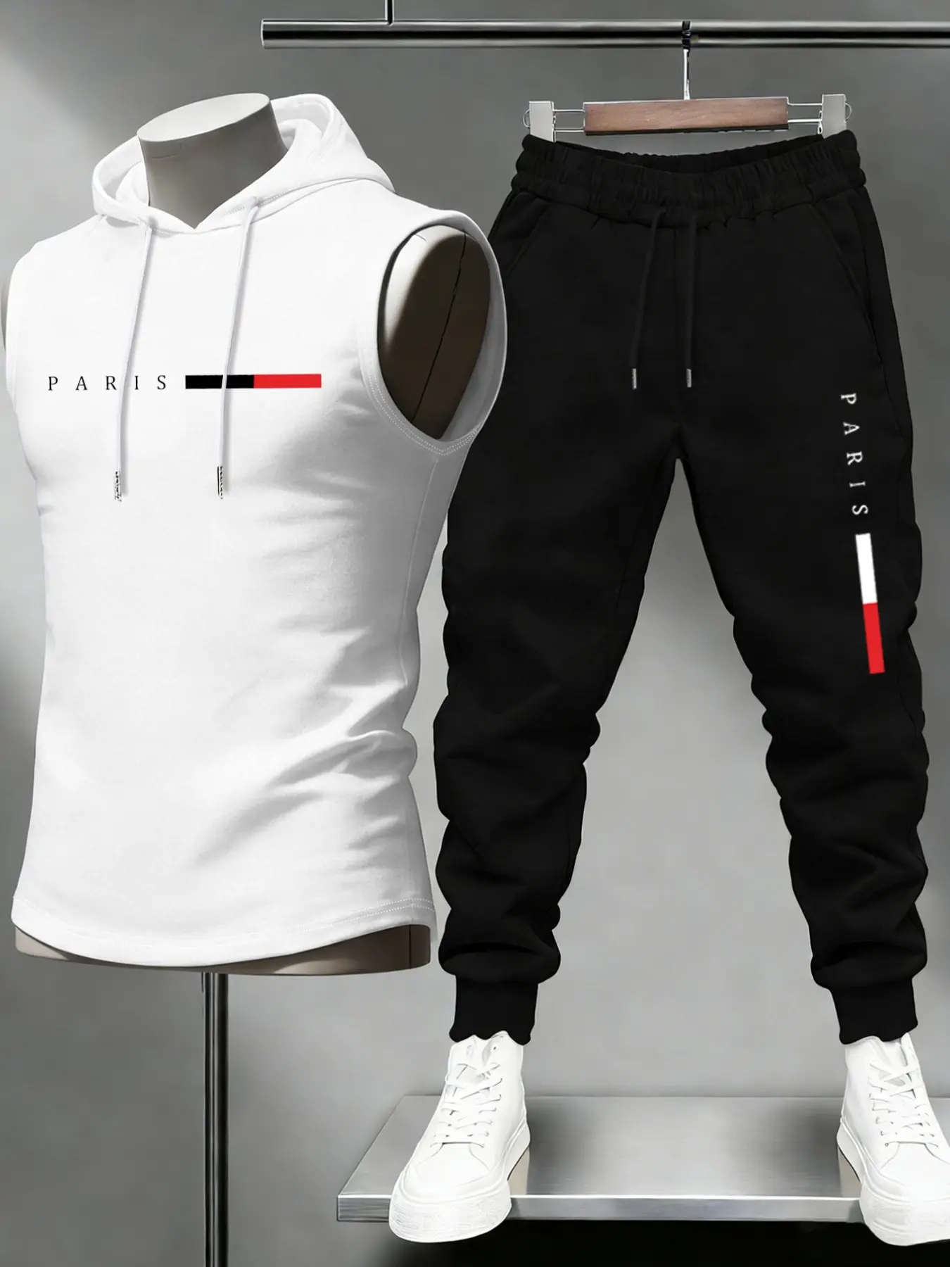 Men's Summer 2-Piece Set Letter Pattern Print Hooded Sleeveless Vest + Casual Waist Drawstring Pants, Outdoor Sports & Daily Wear, Sports Clothing Set