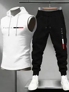 Men's Summer 2-Piece Set Letter Pattern Print Hooded Sleeveless Vest + Casual Waist Drawstring Pants, Outdoor Sports & Daily Wear, Sports Clothing Set