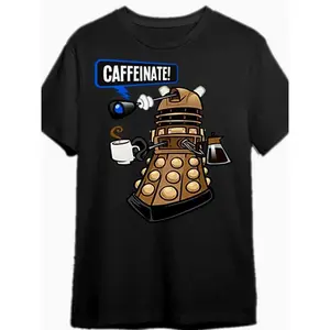 Doctor Who Dalek T-Shirt, Men’s Funny 'Caffeinate!' Graphic Tee, Black Cotton Short Sleeve Shirt, Sci-Fi Fan Apparel, Gift for Whovians