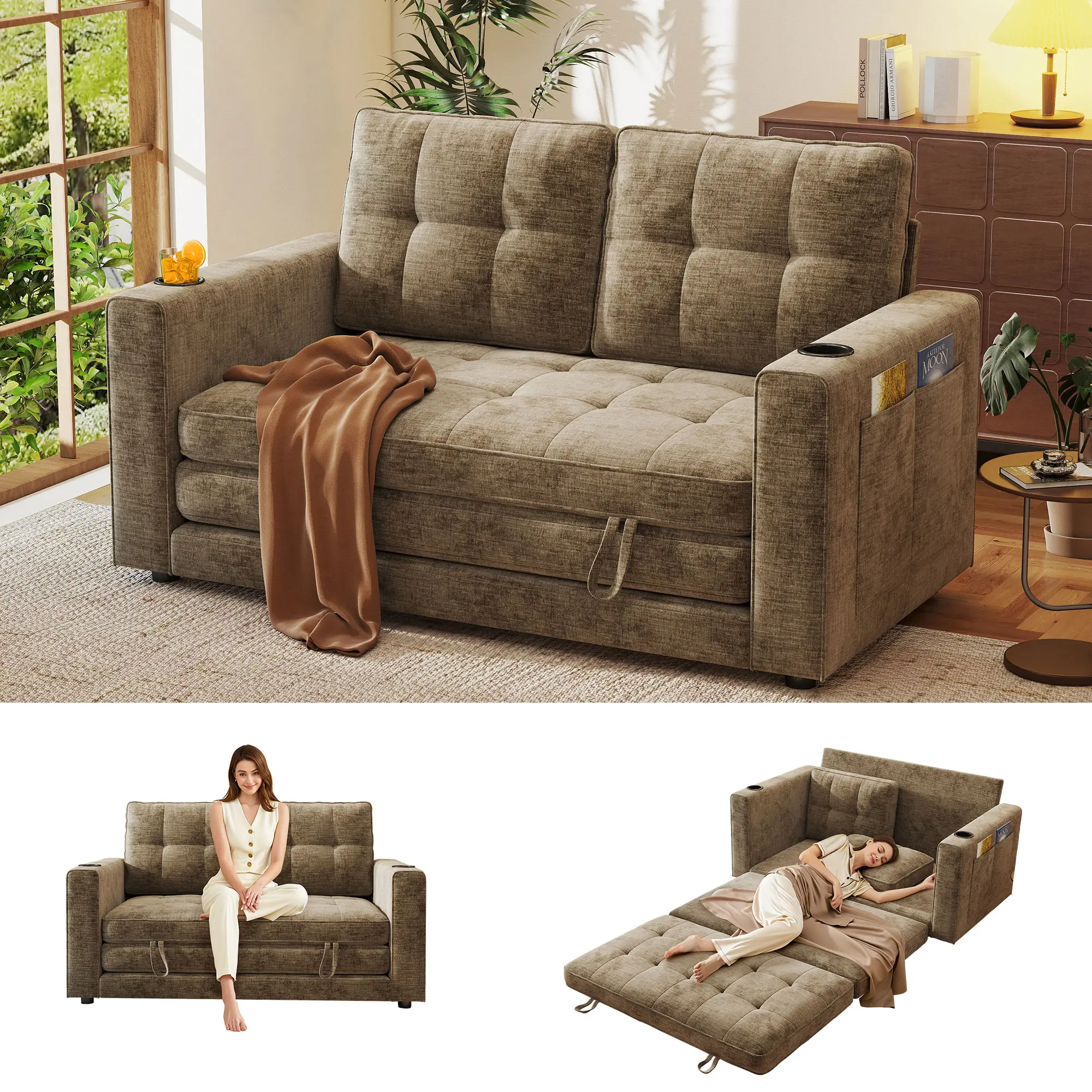 GuroMagicSofa 55-in Elizabeth 5-in-1 Convertible Sleeper Sofa Bed - Deep Seat Chenille Modular Floor Sofa, Pull-Out Guest Bed, No-Assembly Space-Saving Living Room Furniture for Apartments, 55 Inches