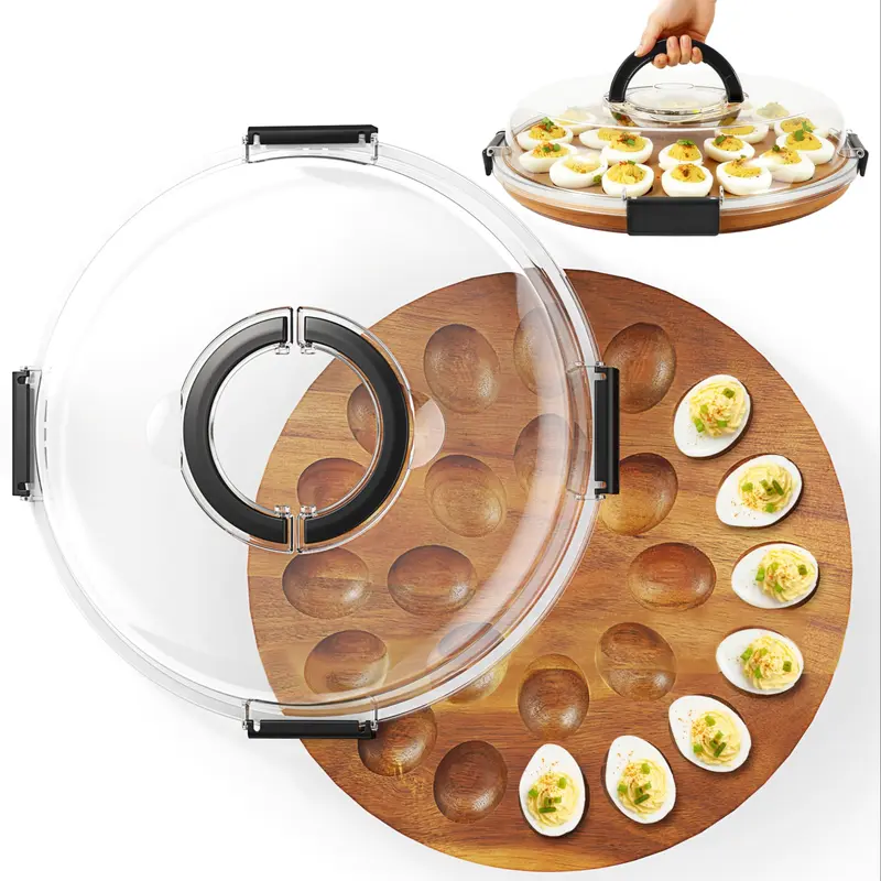 Upgraded Wooden Deviled Egg Tray with Lid, 24 Slots, Perfect for Parties and Home Kitchen, Dishwasher Safe Cover, Household Items