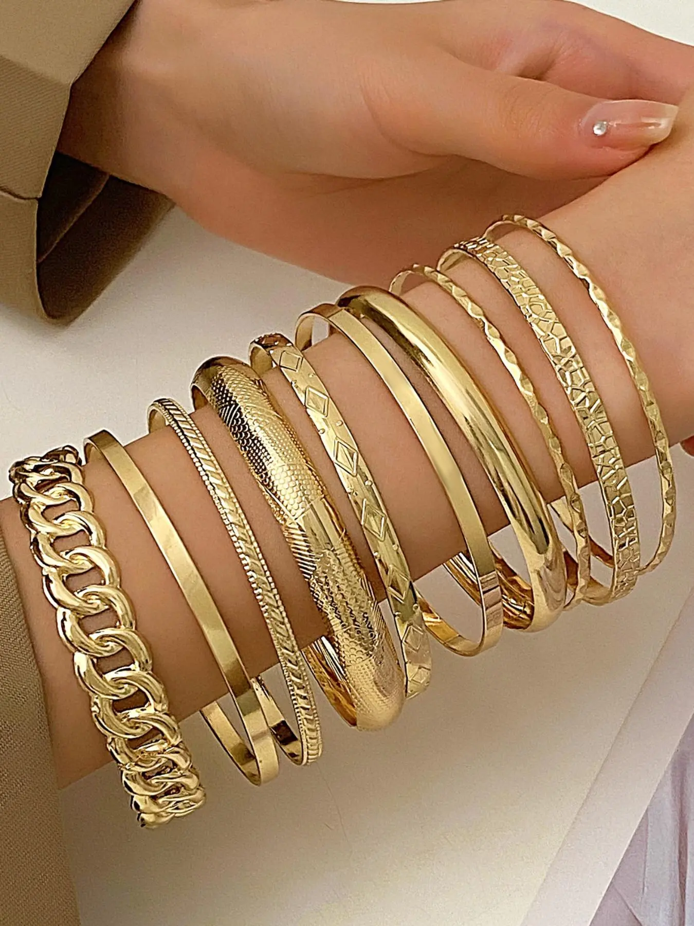 Women's Punk Style Textured Metal Design Bangle Bracelets, 10pcs/set Bracelet Sets Fashion Exquisite Matching Bangles, Trendy All-match Vintage Jewelry Accessories As Birthday Gift for Women & Girls, Stackable Bracelets, Stacking Bangles, Bracelets Stack