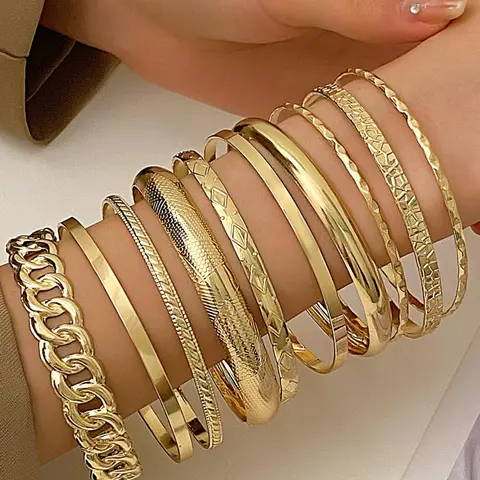Women's Punk Style Textured Metal Design Bangle Bracelets, 10pcs/set Bracelet Sets Fashion Exquisite Matching Bangles, Trendy All-match Vintage Jewelry Accessories As Birthday Gift for Women & Girls, Stackable Bracelets, Stacking Bangles, Bracelets Stack