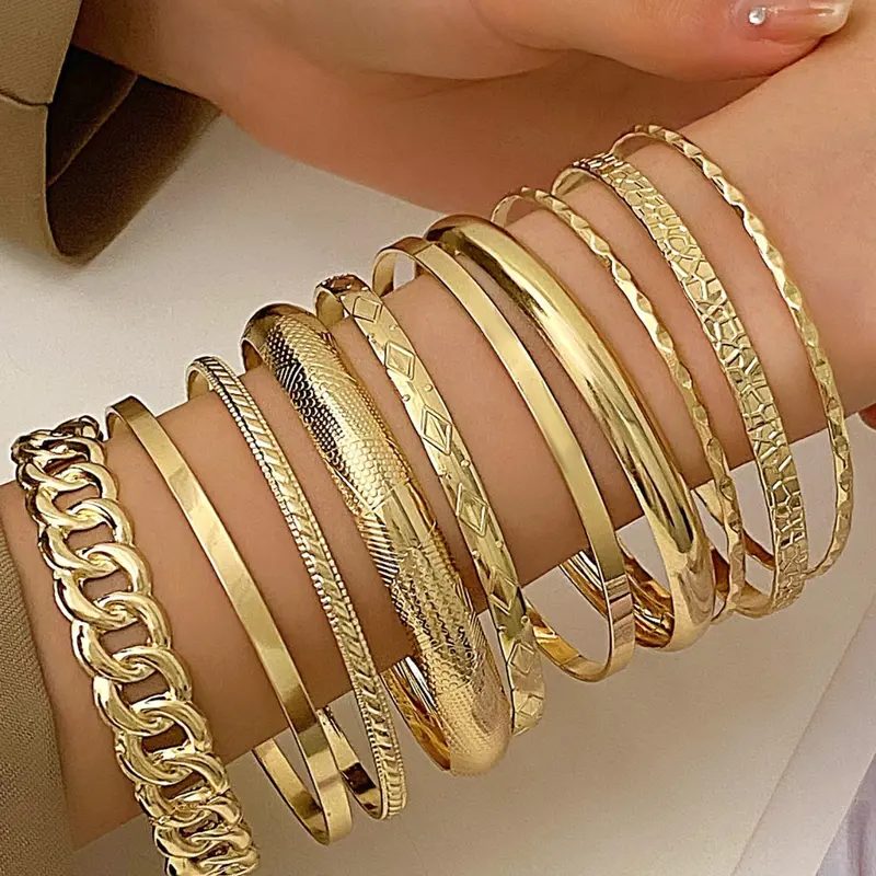 Women's Punk Style Textured Metal Design Bangle Bracelets, 10pcs/set Bracelet Sets Fashion Exquisite Matching Bangles, Trendy All-match Vintage Jewelry Accessories As Birthday Gift for Women & Girls, Stackable Bracelets, Stacking Bangles, Bracelets Stack
