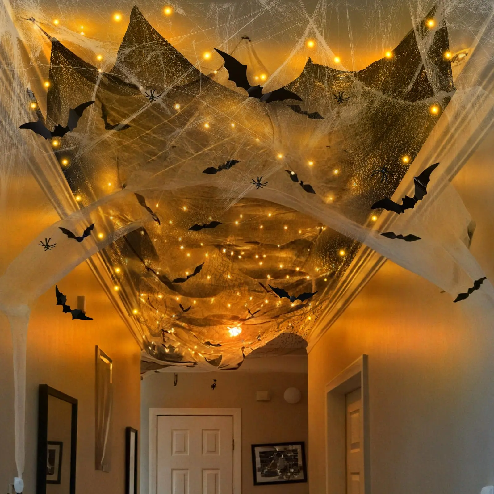 Halloween Spider Web Decorations with 32FT String Lights, 300 sqft Stretch Cobwebs, Black Creepy Cloth, Fake Bats and Spiders for Indoor Outdoor Yard Doorway Entryway Decor