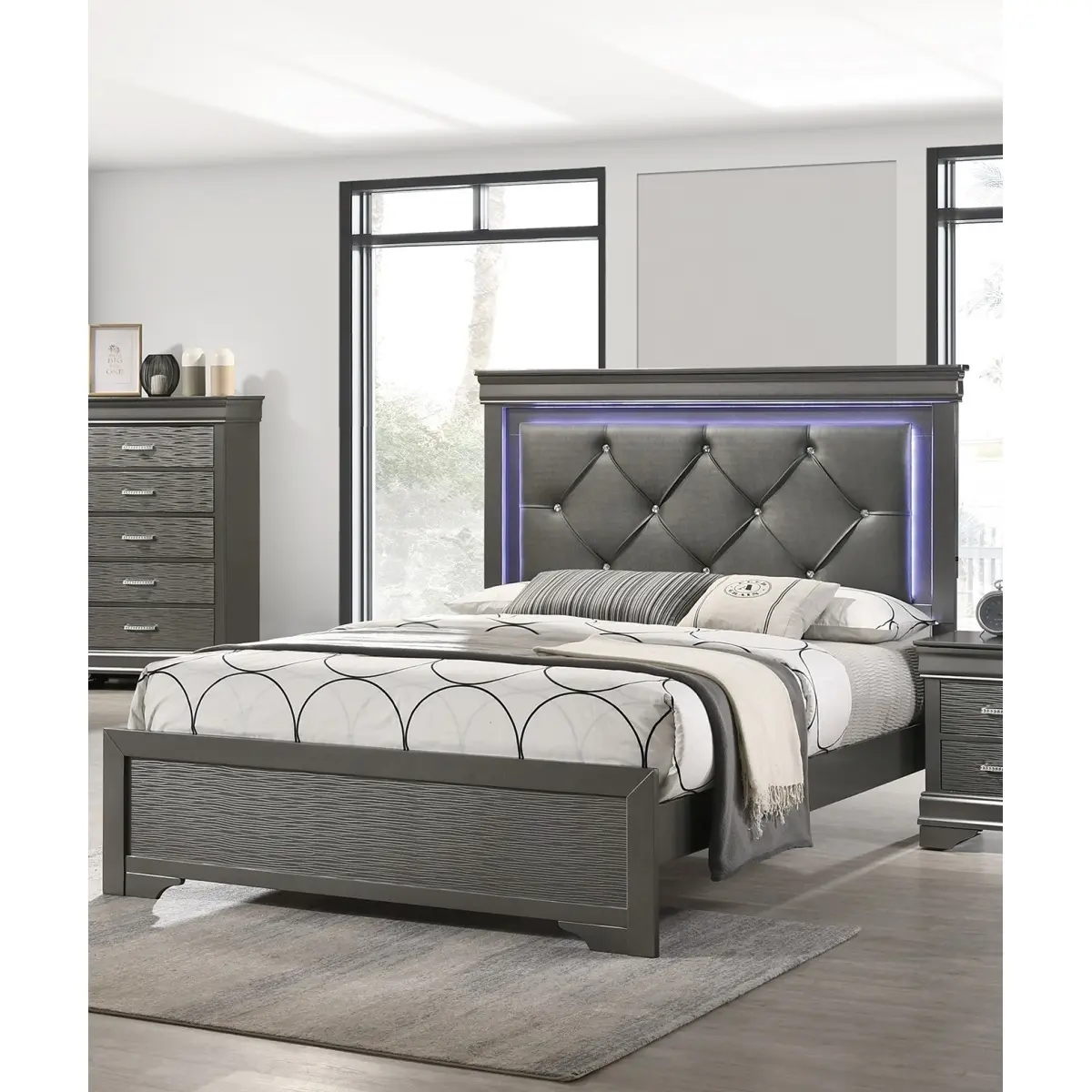Dark Gray PU Leather Modern Button Tufted Headboard (1pc, 80"w x 76"d x 57"h) - Eastern King Size Bed, LED Lights, Foam Padding, Solid Wood Frame, Unique Texture, Assembly Required, Indoor Bedroom Furniture