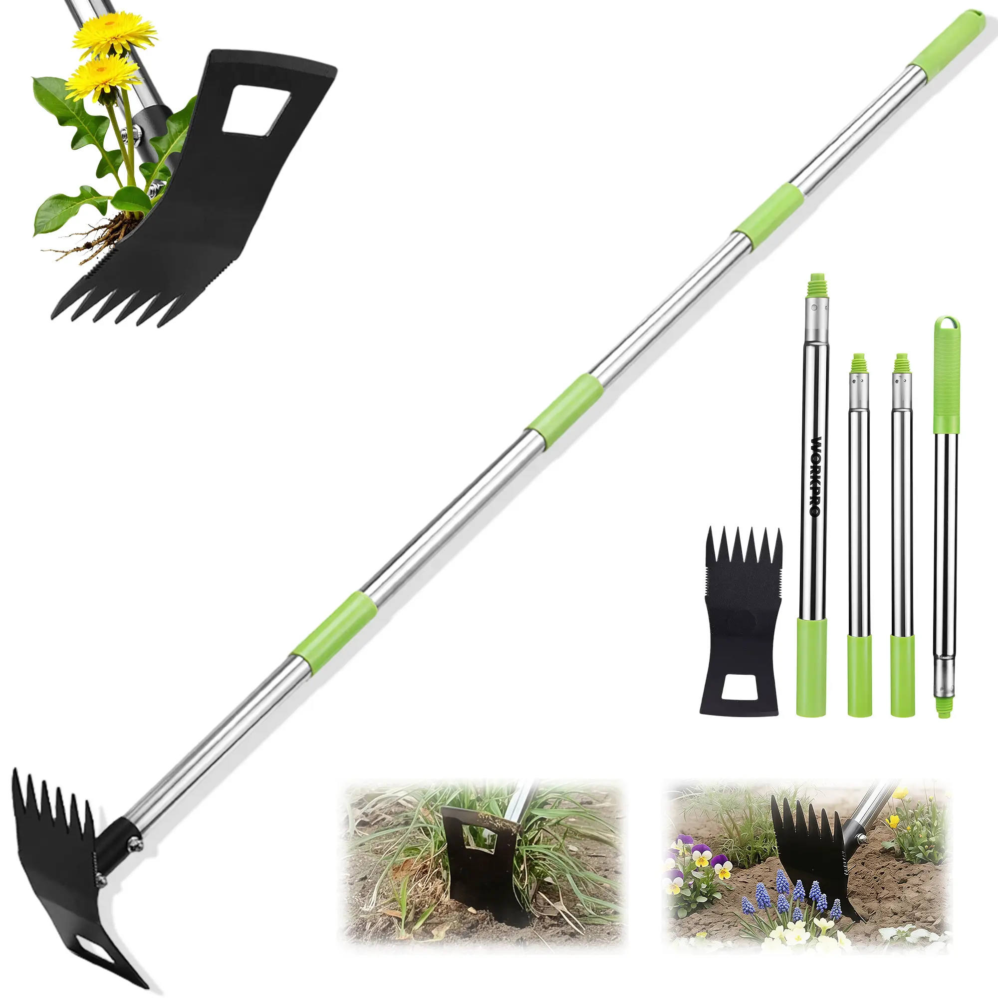 #summersale WORKPRO Weed Puller Tool with Long Handle – 2-in-1 Garden Hoe & Weed Rake, 29"-56" Adjustable Manual Weeding Tool, Uprooting Weed Remover Gardening Weeder Tools for Yard, Lawn, Patio and Garden