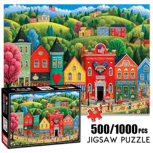 1pc 1000 piece adult puzzle 70x50cm Colorful Town Street with Shops and American Flag500 pieces paper jigsaw puzzle suitable for DIY creative games Crafts for adults and families, birthday and holiday stres