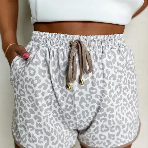 Women's Leopard Elastic Waistband Drawstring Contrast Trim Casual Shorts, High Waist Shift Shorts with Pockets for Daily Wear