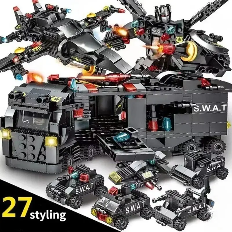 8-in-1 SWAT Team Police Station Command Truck Model Assembled Building Blocks Set, Plastic City Helicopter Brick Set, Educational Toys for Children