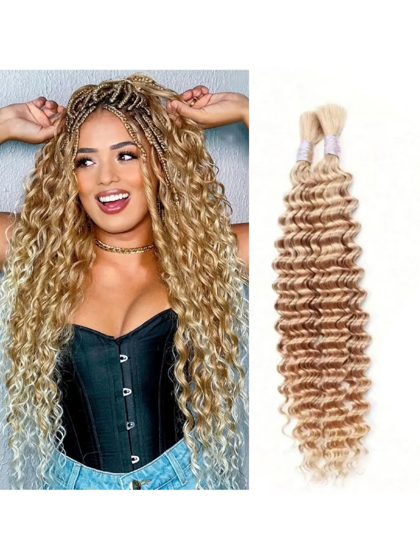 Women's curly hair extensions, real human hair, Premium human hair, wet look wavy human hair, for braiding, no weft, deep wave human hair, color #27, suitable for bohemian braids and wet look wavy hair bundles, 2 bundles of curly human hair