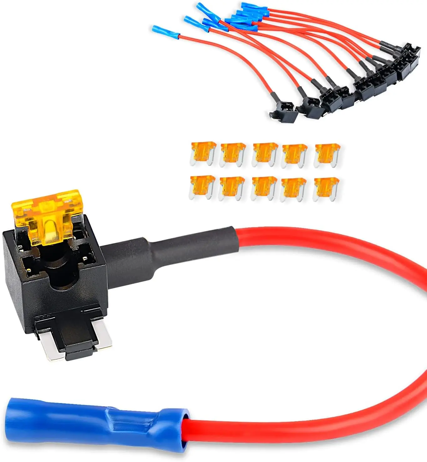 Nilight 50038R 10pcs 12V Dual-Slot Add-a-Circuit Fuse Tap Adapter Set, Tinned Copper Wire Plug-n-Play Plastic Truck Accessories for Vehicles, 5A Low Profile Mini Blade Fuses (Blue,Red,Black,Orange) - Compatible with LED Strips,Radar Detectors, Trucks, Uni
