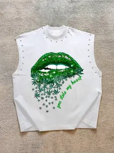 Men's Casual Fitted Tank Top, Creative Flash Lip & Hemp Leaf Graphic Print, Base with Rivet Design, Comfortable Summer Wear