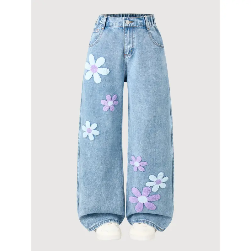 Girls' High-Waist Elastic Waist Denim Jeans - Floral Embroidery, Loose-Fitting, Cute Look, Denim Weave, Prop 65 Safe, Machine Washable, All-Seasons Daily Wear Kids' Fashion Bottoms, Elastic Waist Jeans