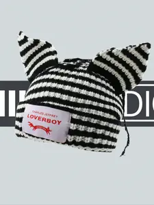 Cute Striped Cat Ear Hat, Couple Casual Fashion Soft Comfortable Fun Cap, Unisex Warm Knit Hat for Autumn Winter Daily Use