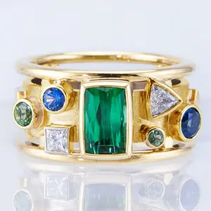 Gold Geometric Statement Ring |   Multi-Color Zircon Emerald & Sapphire Ring for Women