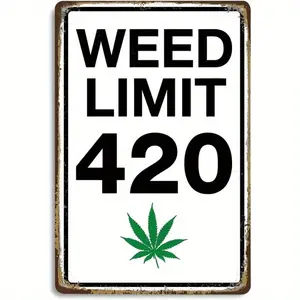 Vintage-Inspired 'Weed Limit 420' Humorous Metal Sign - Rustic White & Black Wall Art with Green Leaf Design, 12x8 Inches, Perfect for Home Bar, for Man Cave, Garage, or Cafe Decor, Metal Wall Art Decor