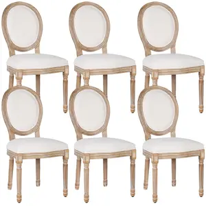Polar Aurora Dining Chairs Set of 6, Beige FrenchCountryStyle with Solid wood Legs, Rattan Fabric RoundBack Options