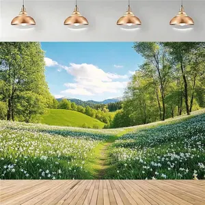 Reusable Polyester 2D Flat Banner, 1pc Summervibes Backdrop with Green Hills, Trees and White Flower Field, Ideal for Spring Party, Birthday Photo Sessions
