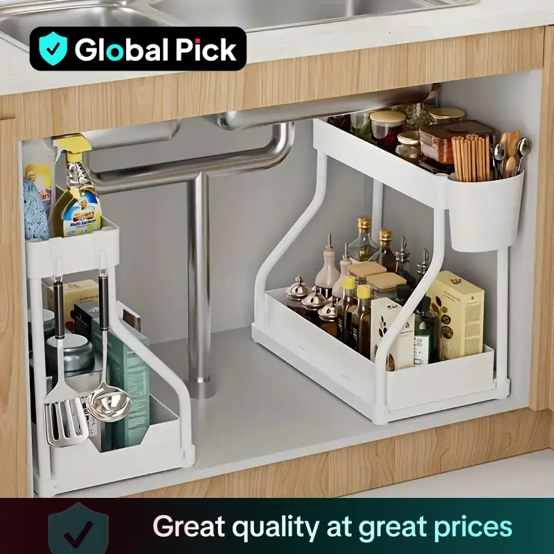 2 Layer Pull Out Storage Rack, 1 Count Large Capacity Drawer Organizer, Kitchen and Bathroom Storage Rack, Home Organizer for Kitchen and Bathroom